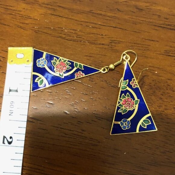 Triangle Floral Blue Dangle Earrings. - Picture 6 of 10
